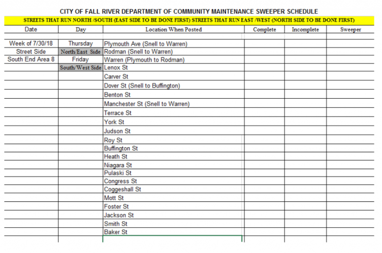 Fall River week 12 street sweeping schedule announced Fall River Reporter
