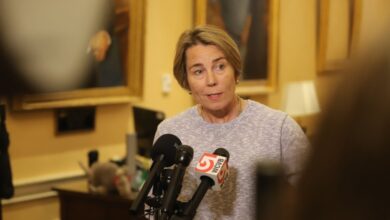 Gov. Maura Healey speaks to reporters at the State House